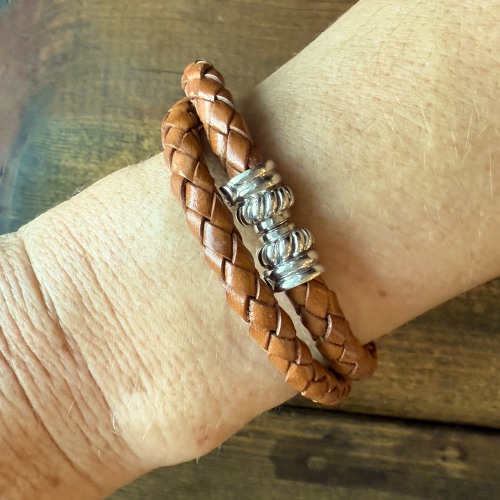 Braided Tan Leather Wrap Bracelet with Silver Accents